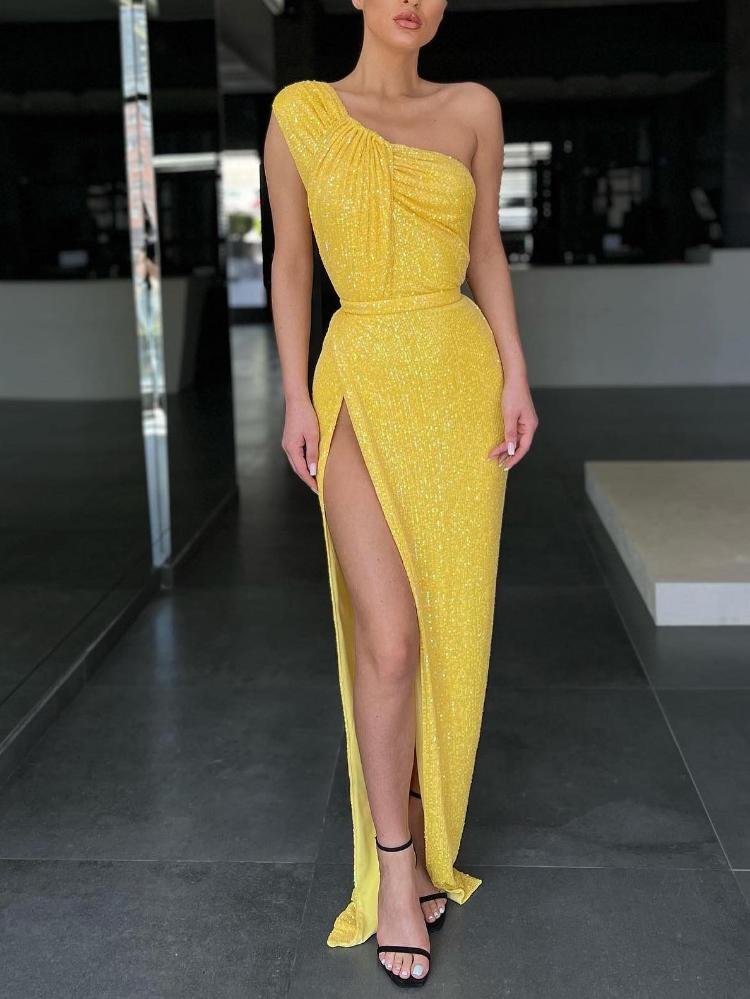 Promsstyle Single shoulder sleeveless shimmering sequin high slit yellow evening dress Prom Dress 2023