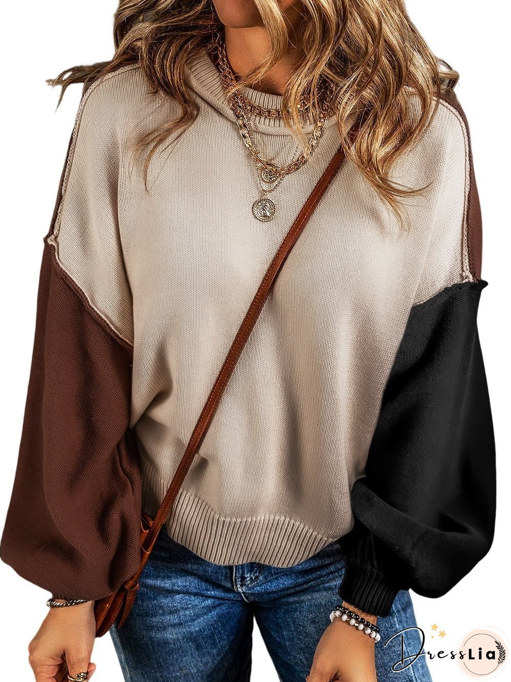 Brown Colorblock Bishop Sleeve Patchwork Rib Knit Sweater