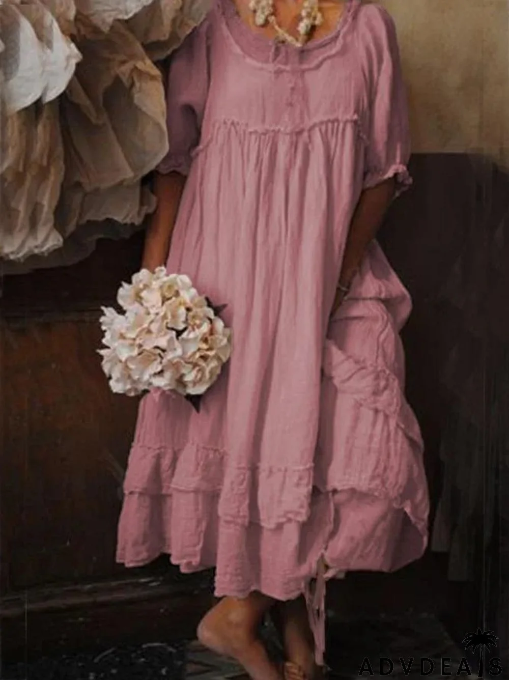 Fashionable Simple Round Neck Short Sleeve Maxi Dress