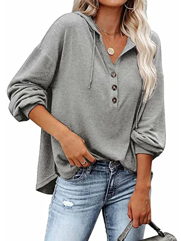Loose Casual 7 Colors Buttoned Drawstring Hooded V-Neck Long Sleeves Hoodies