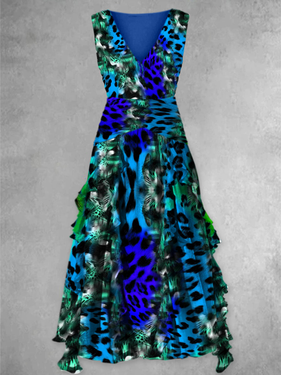 Gradient Leopard Print Vintage V-Neck Sleeveless Midi Dress