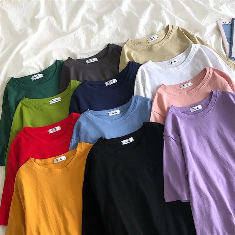 Summer Tee Shirt Solid Color Basic T-Shirt Women Casual O-neck Harajuku Top Korean Hipster Cotton Basic Tshirt