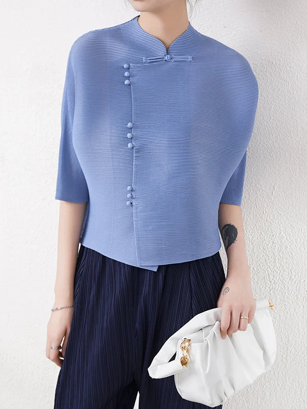 Vintage Loose Half Sleeves Buttoned Asymmetric Solid Color Stand Collar Blouses&Shirts Tops