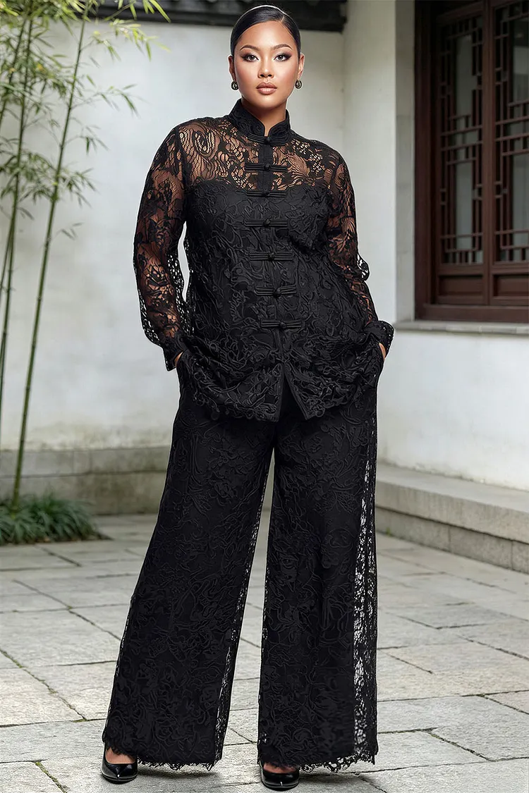 Xpluswear Design Plus Size Business Casual Black Mock Neck Long Sleeve Frog Button Pocket Lace Two Piece Pant Sets [Pre-Order] 2024 - Xpluswear
