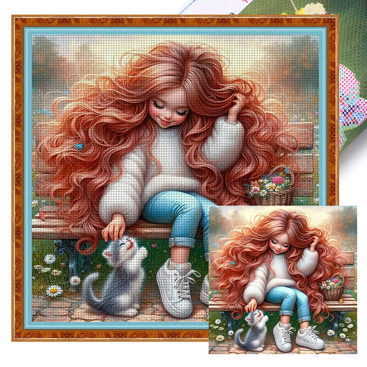 Curly Girl With Kitten - Printed Cross Stitch 11CT 40*40CM
