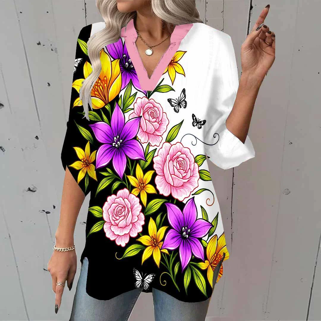 Women Floral,Black,Purple DZGA0774 3/4 Sleeve V-neck Printed Graphic Button Tops