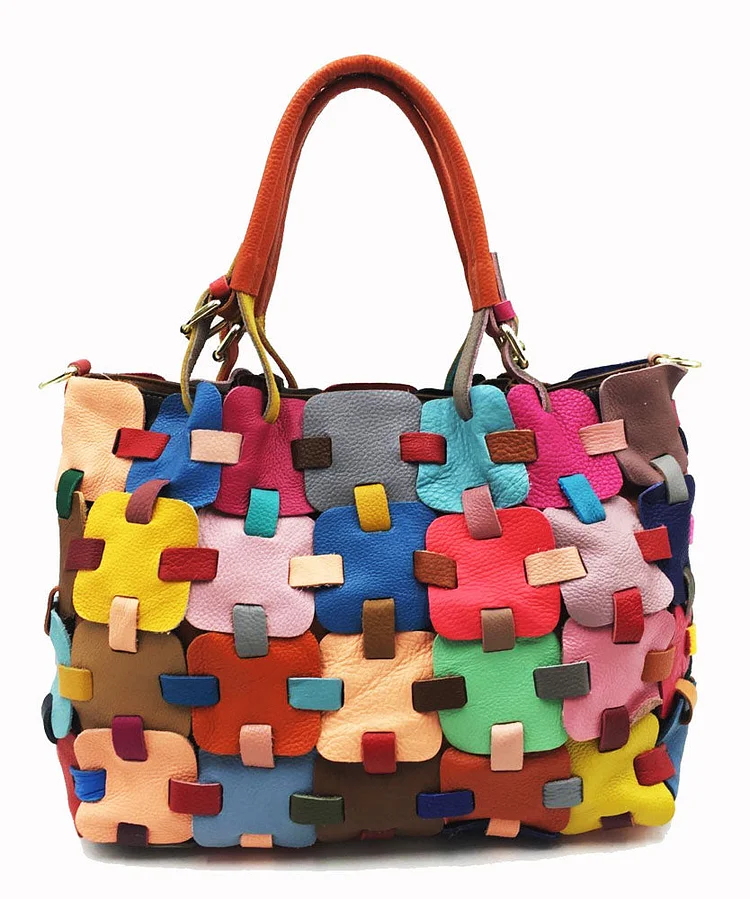 Beautiful Multicolour Patchwork Zippered Calf Leather Tote BAG
