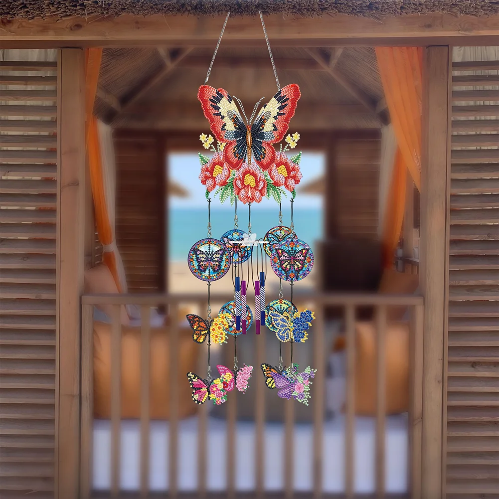 DIY Flower Butterfly Double Side Wind Chime Diamond Art Hanging Pendant for Home Decor