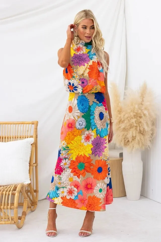 Zingj Zingj Years Of Style Fashion Print Sleeveless Neck Waist Dress 23117