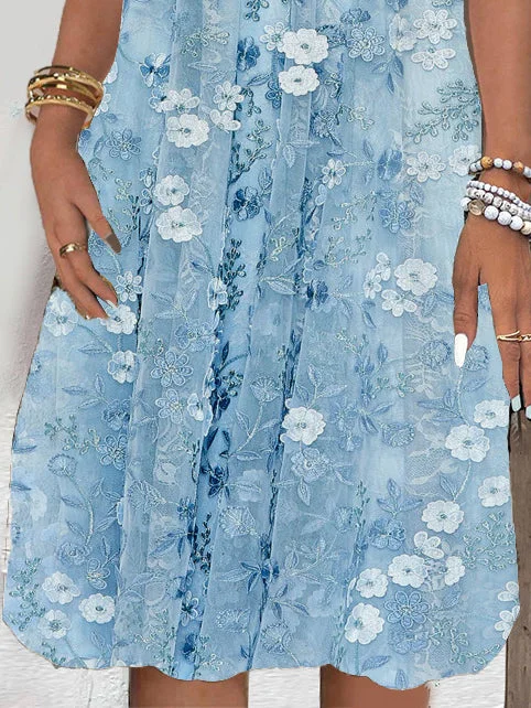 Women's Short Sleeve V-neck Floral Printed Lace Stitching Midi Dress