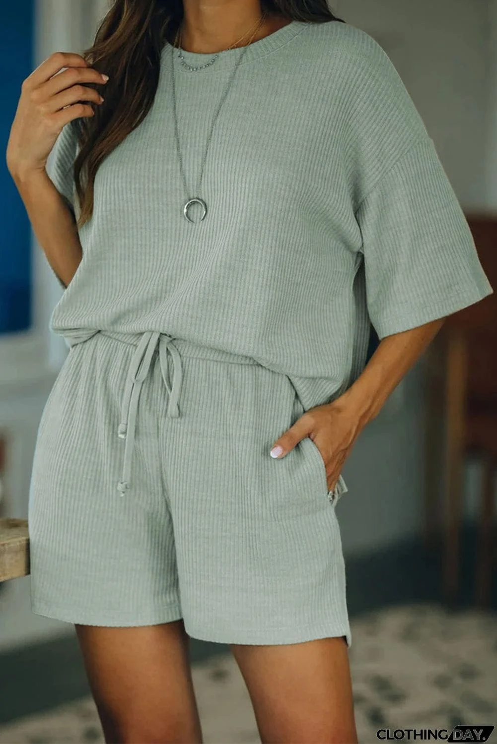 Khaki Crew Neck Short Sleeve Ribbed Lounge Set