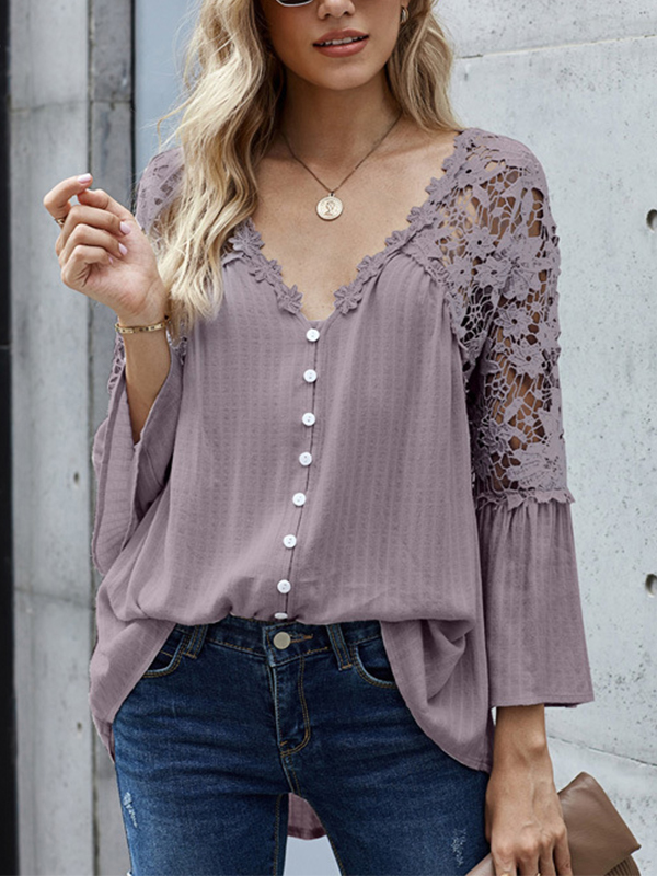Lace Trim V Neck Bell Shape Long Sleeve Blouses