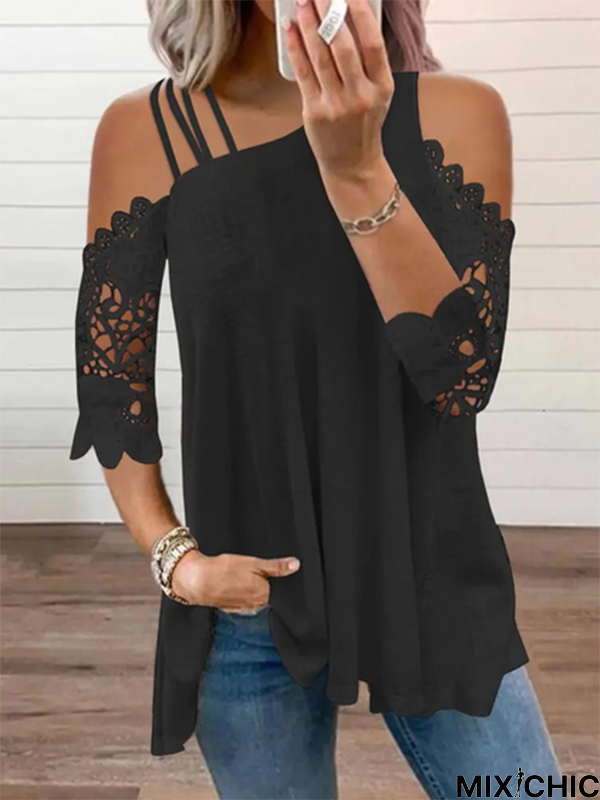 Off Shoulder Cold Shoulder Plain Short Sleeve Casual Tunic T-Shirt