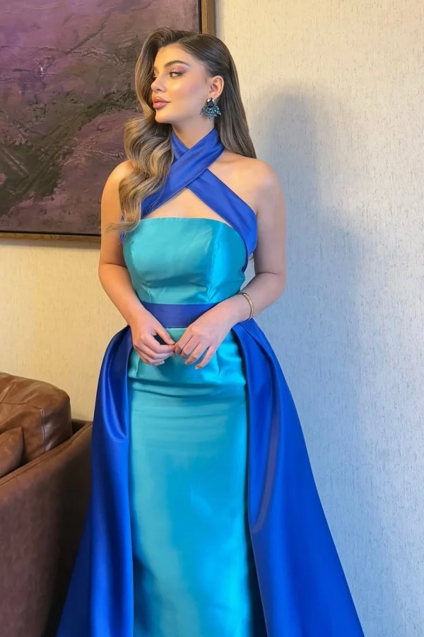 Miabel Chic Satin Halter Strapless Sleeveless Long Dress with Train    