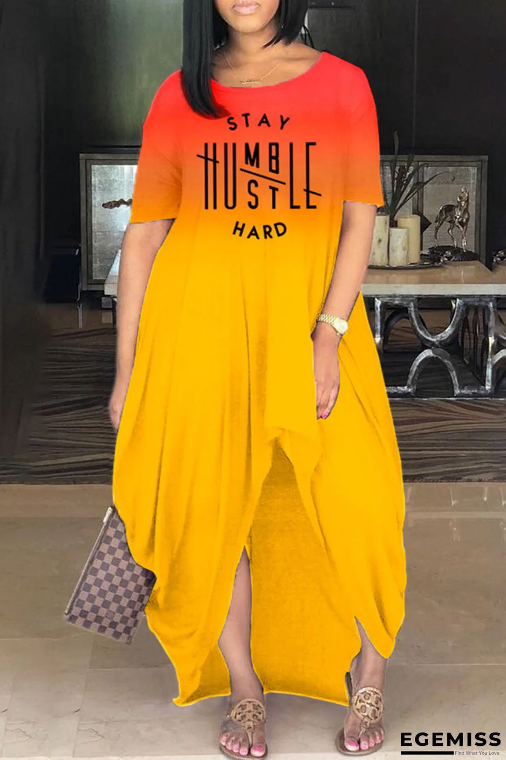 Yellow Fashion Gradual Change Letter Print Asymmetrical O Neck Short Sleeve Dress | EGEMISS