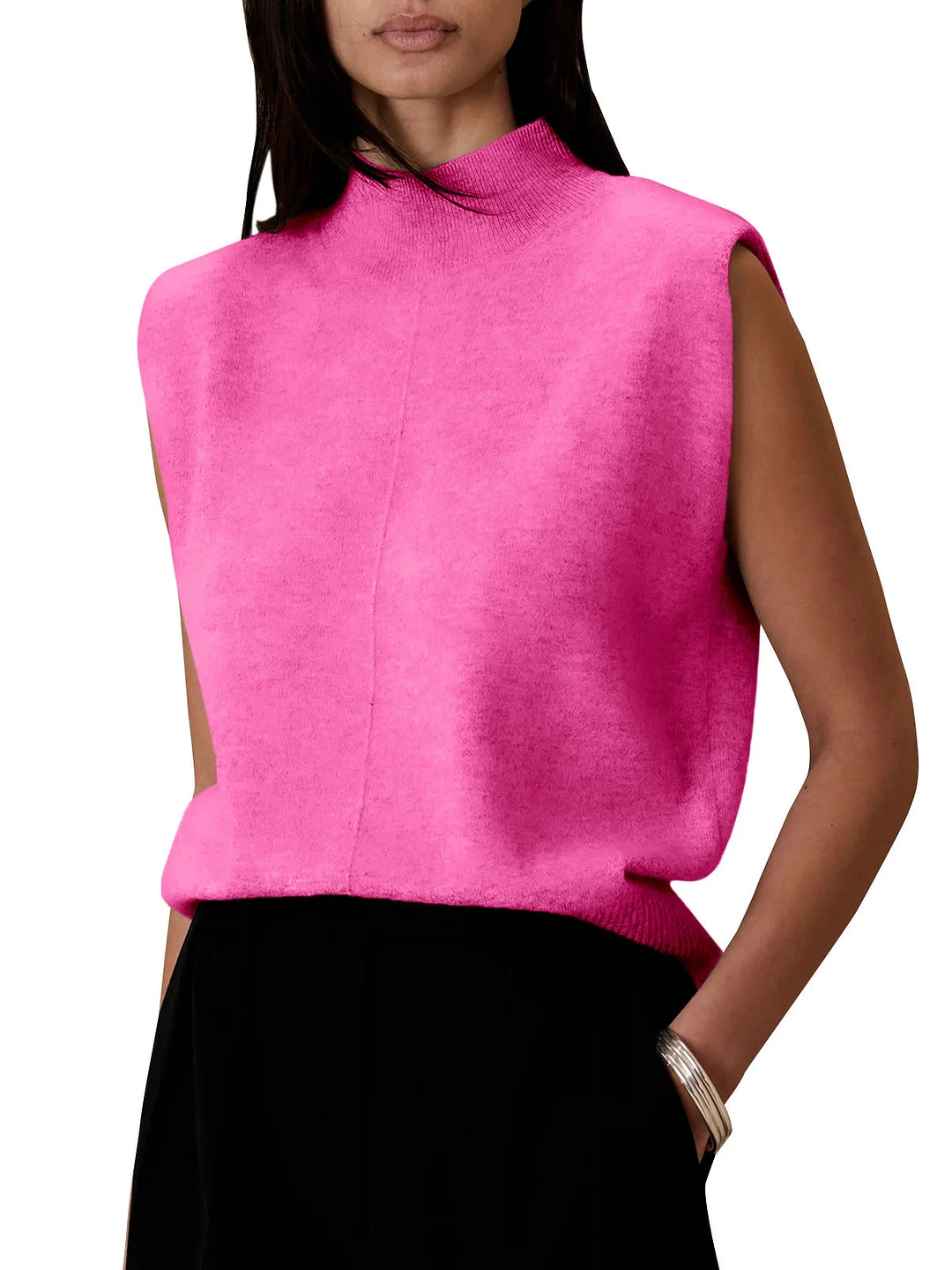 Brownm Pure Color Half Collar Sleeveless Fashion Sweaters