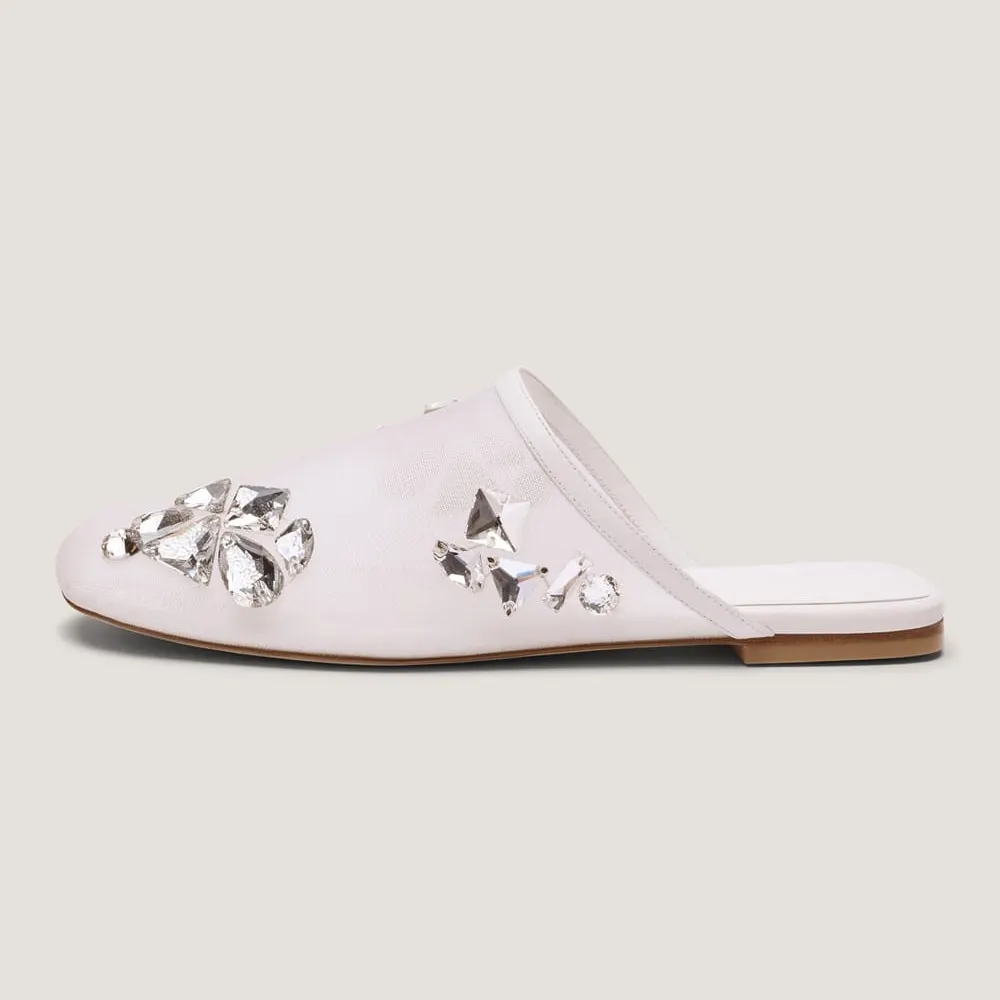 White Mesh Square Toe Slip On Gem Embellishment Flat Mules