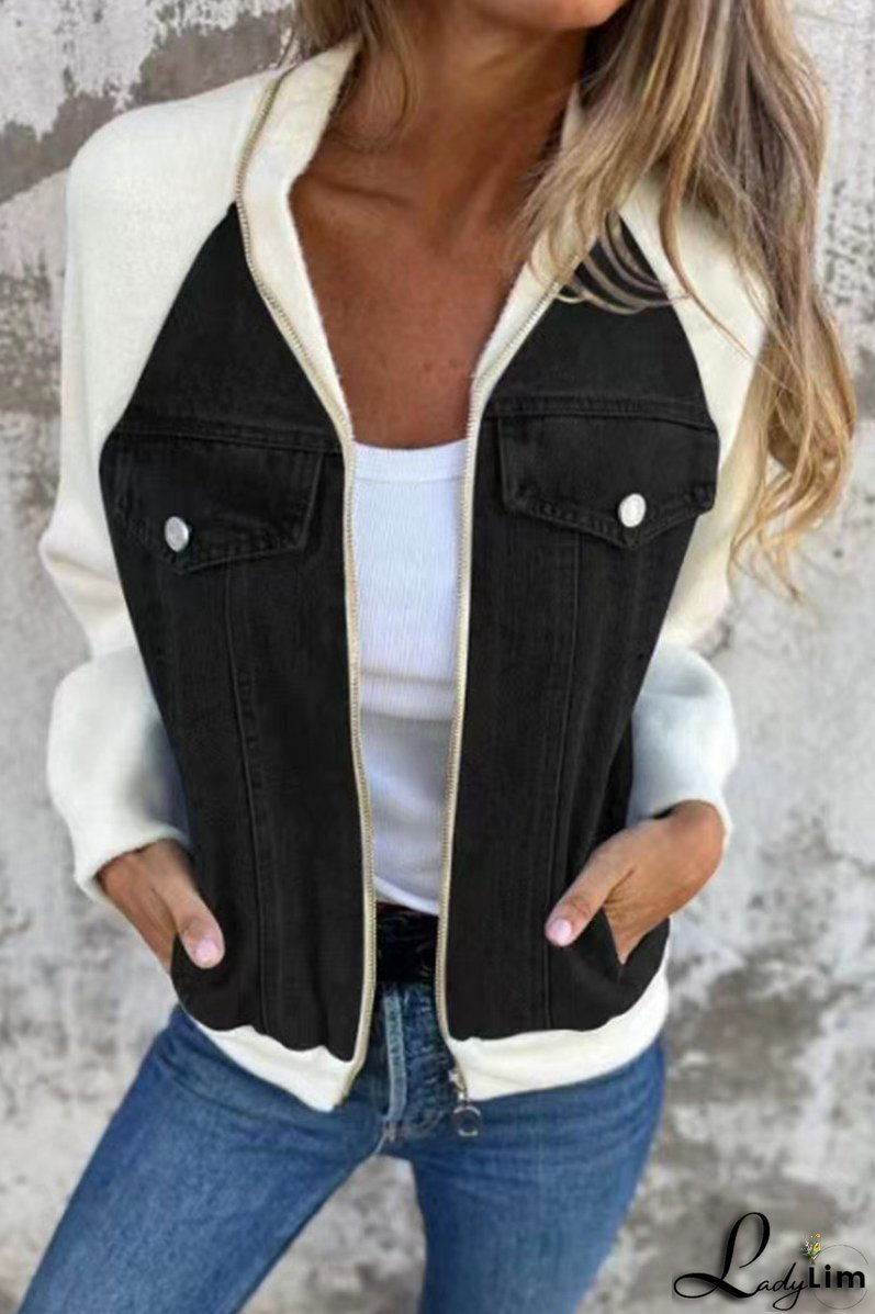 Casual Solid Color Patchwork Zipper Contrast Turndown Collar Outerwear(8 Colors)
