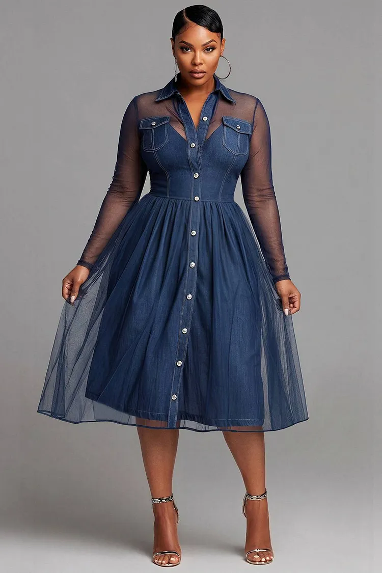 Xpluswear Design Plus Size Cocktail Party Blue Shirt Collar Long Sleeve See Through Button Tencel Denim Midi Dresses [Pre-Order] 2024 - Xpluswear