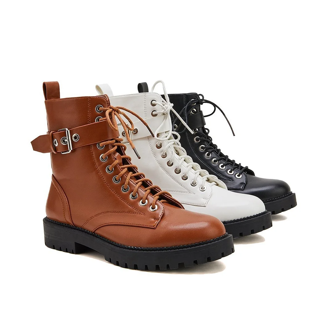 Women's Fashion Buckle Combat Leather Boots