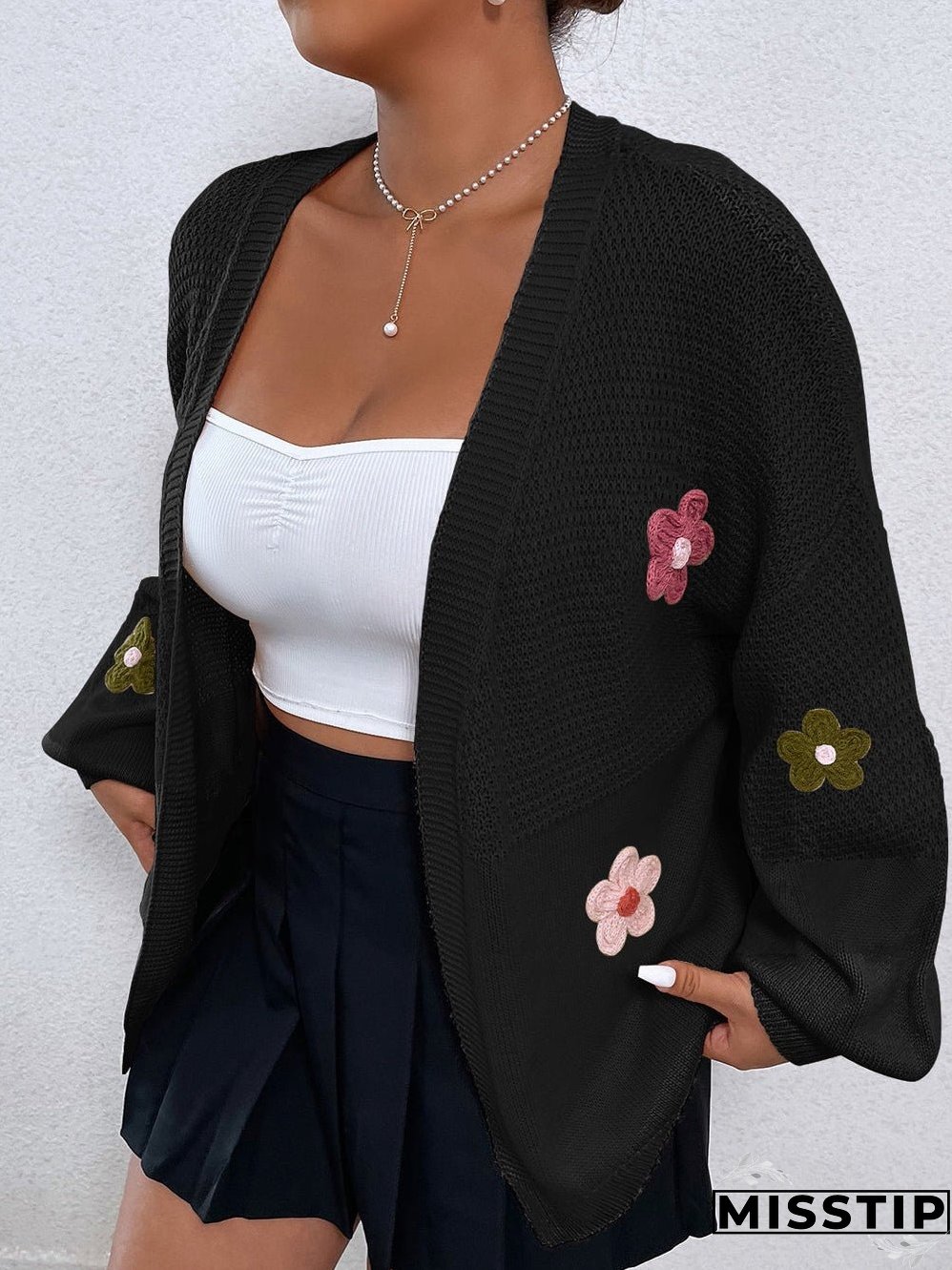 Sweet Black Floral Bubble Sleeve Cardigan with Shoulder Drop