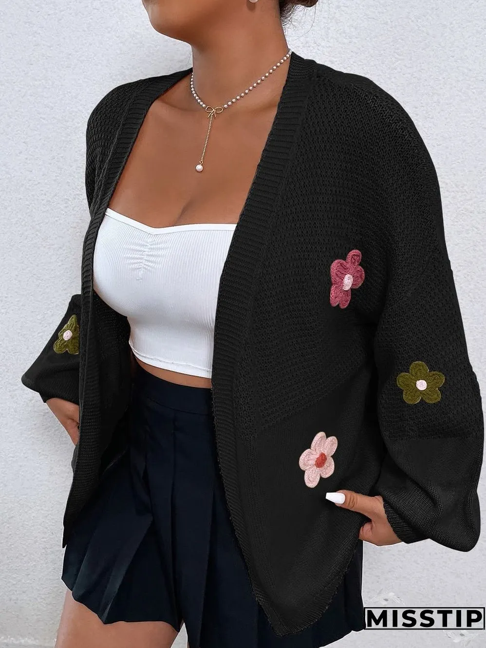 Sweet Black Floral Bubble Sleeve Cardigan with Shoulder Drop