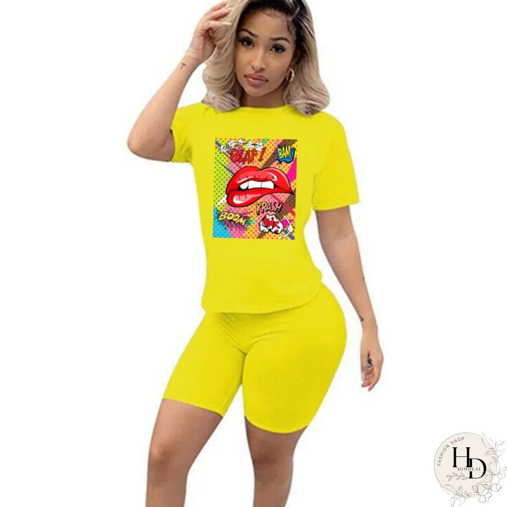 Womens Two Piece Set Cute Nibble Lips Print Short Sleeve Top With Skinny Shorts Pants