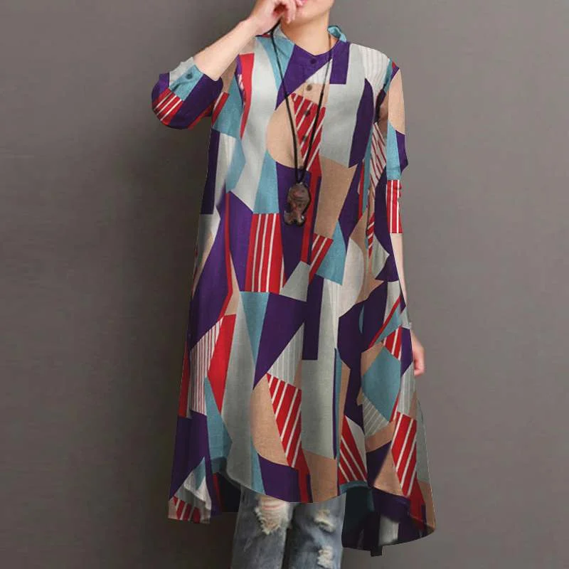 2022 ZANZEA Autumn Women's Asymmetrical Blouse Vintage Printed Long Shirts Casual Long Sleeve Blusas Button Tops Tunic