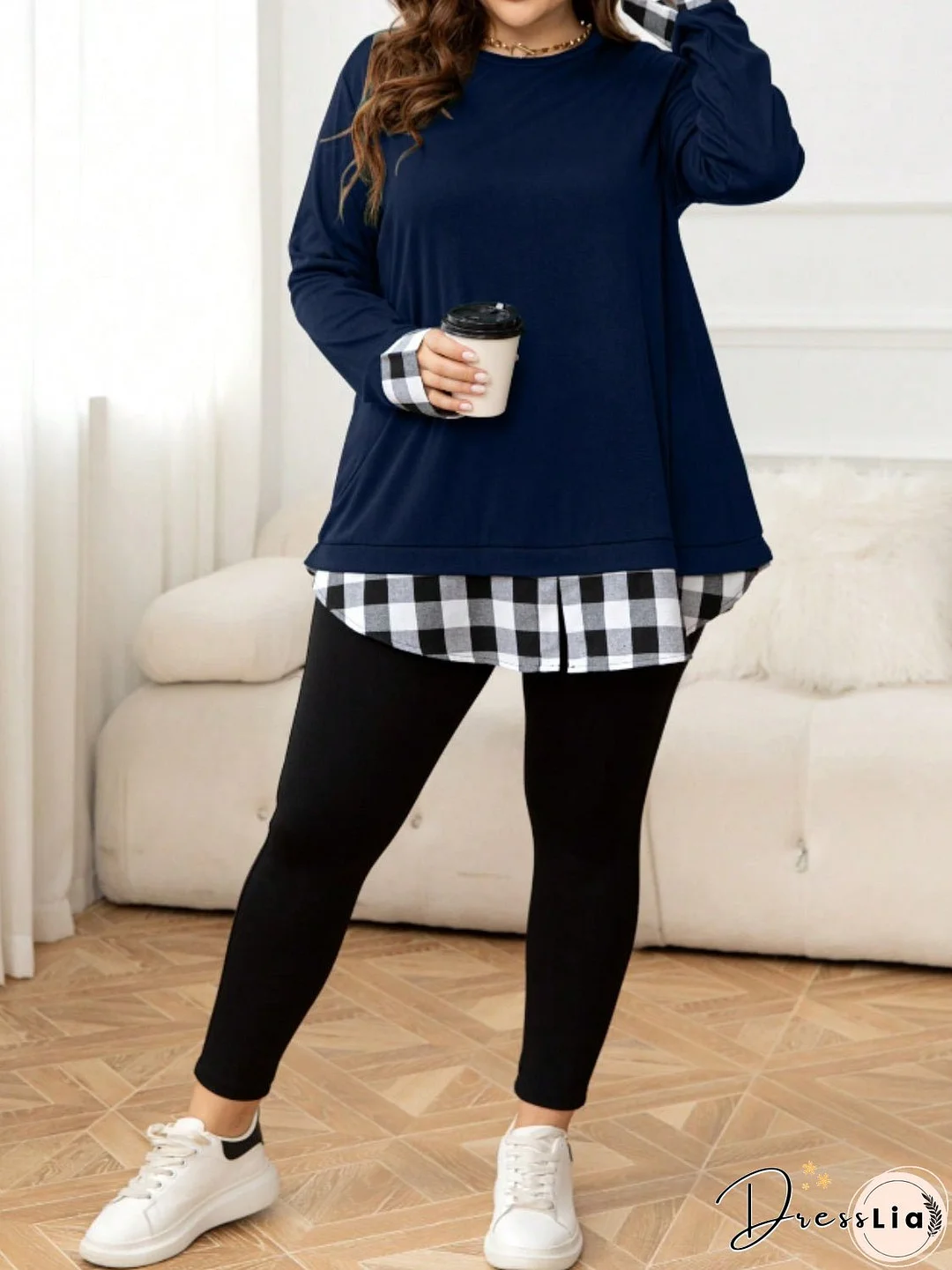 Plus Size Plaid Hem Round Neck Long Sleeve Sweatshirt