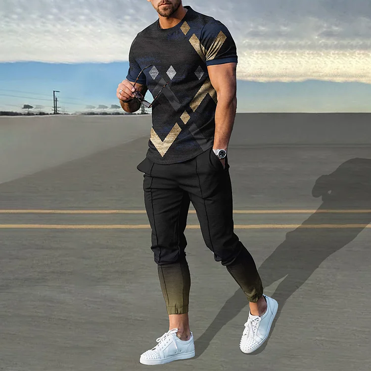 BrosWear Fashion Blue Gold Geometry T-Shirt And Pants Co-Ord