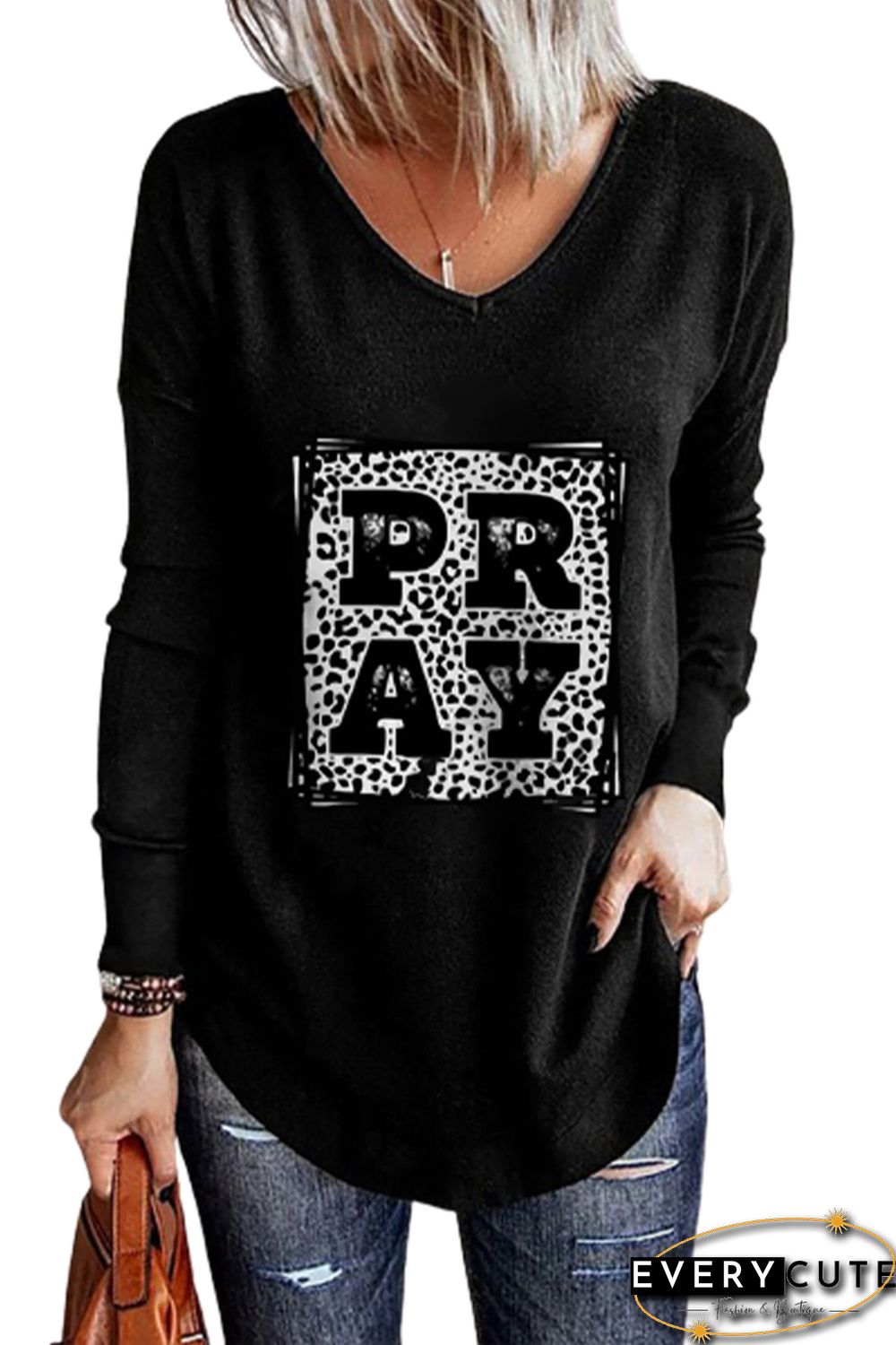 Leopard PRAY Graphic Long Sleeve T Shirt