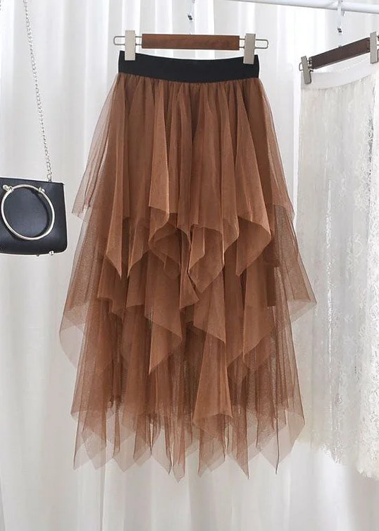 French Coffee Elastic Waist Asymmetrical Exra Large Hem Tulle Skirt Summer