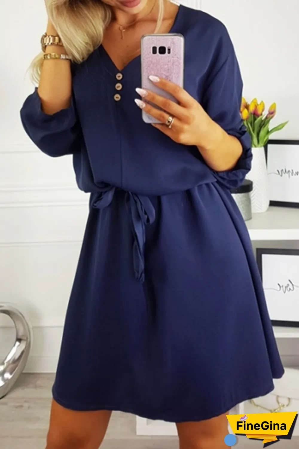 Casual Solid Buttons Strap Design V Neck Dresses(4 Colors)