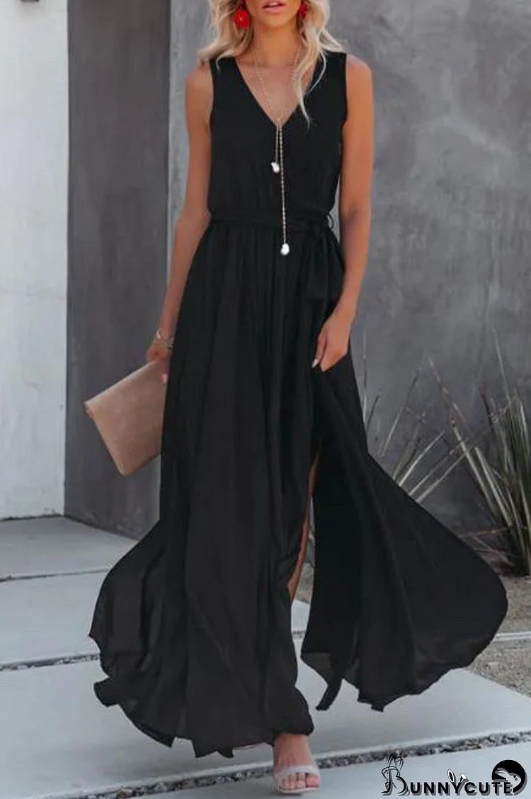 Sexy Casual Solid Slit V Neck Sleeveless Dress Dresses