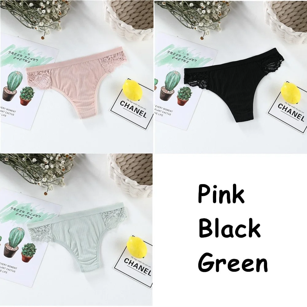 3pcs Sexy Women's Cotton G-String Thongs Panties Solid Lace Underwear Women Briefs Lingerie Underpants Ladies Low Rise Intimates