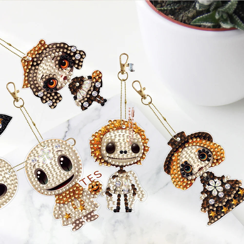 6pcs DIY Horror Doll Diamond Art Key Rings Double Sided Keychain Supplies Gift for Kids