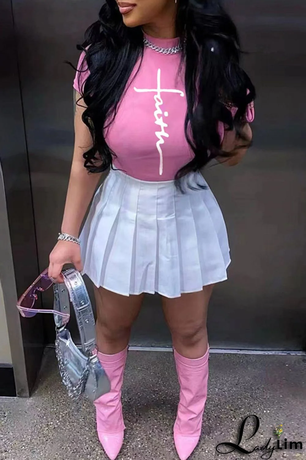 Sky Blue Fashion Casual Print Basic O Neck Short Sleeve Two Pieces