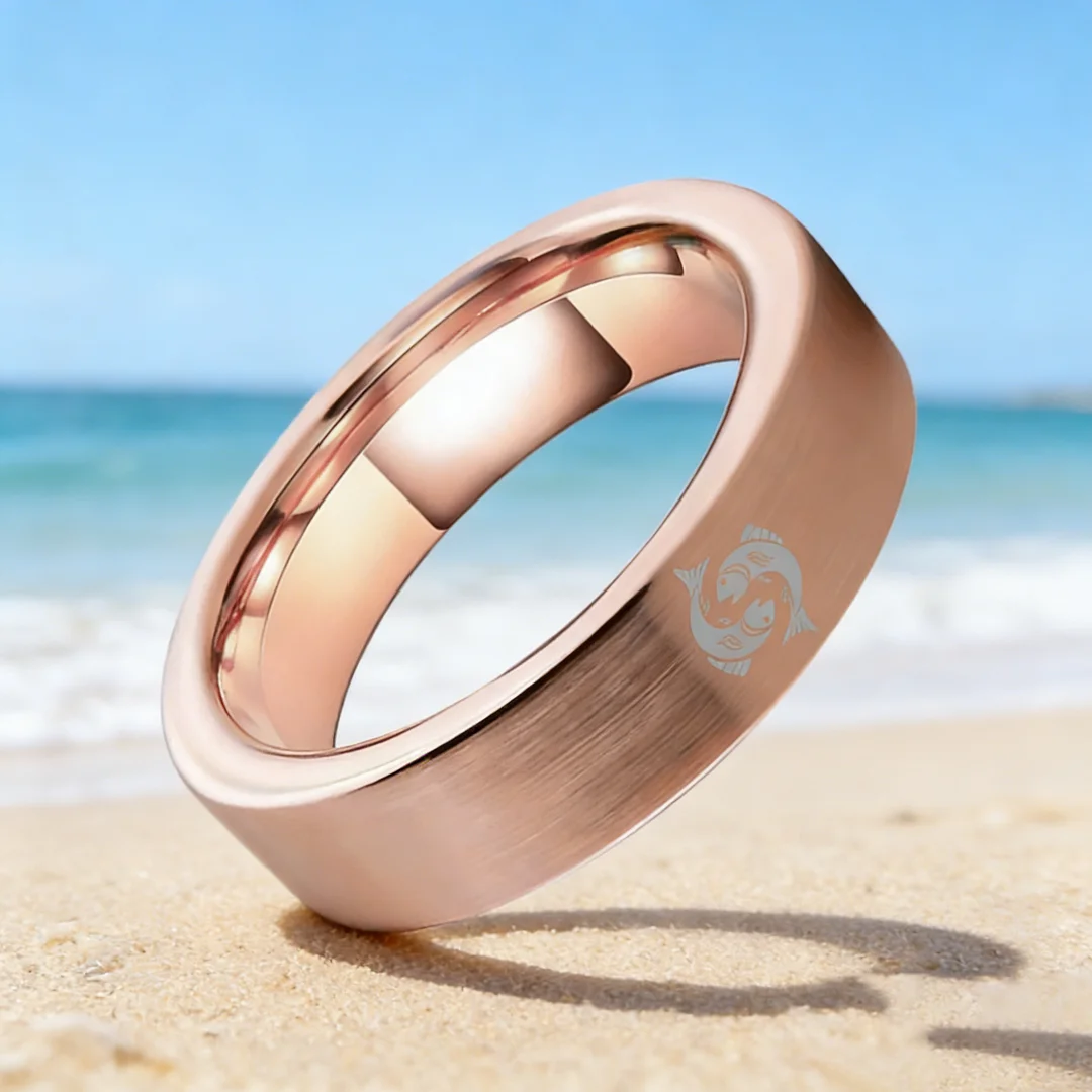 Pisces Tungsten Carbide Rings Rose Gold Flat Wedding Bands Comfort Fit Mens and Womens 4MM 6MM 8MM