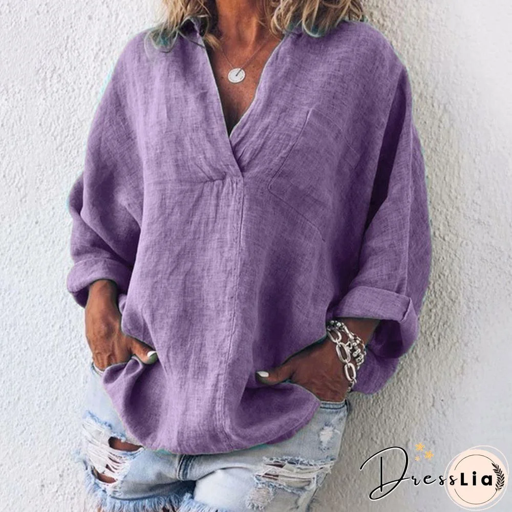 XS-8XL Autumn Tops Plus Size Fashion Clothes Women's Casual Long Sleeve Tee Shirts Deep V-neck Tunic Tops Ladies Blouses Pullover Loose T-shirts Solid Color Linen Blouses