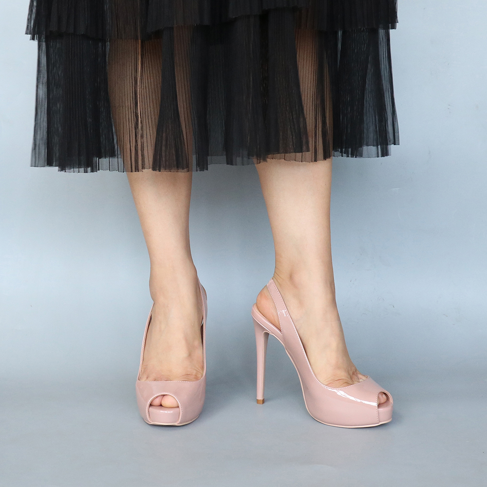 120mm Red Bottom Elastic Strap Slingback Sandals Peep Toe Platform Stilettos Nude Patent Heels-MERUMOTE