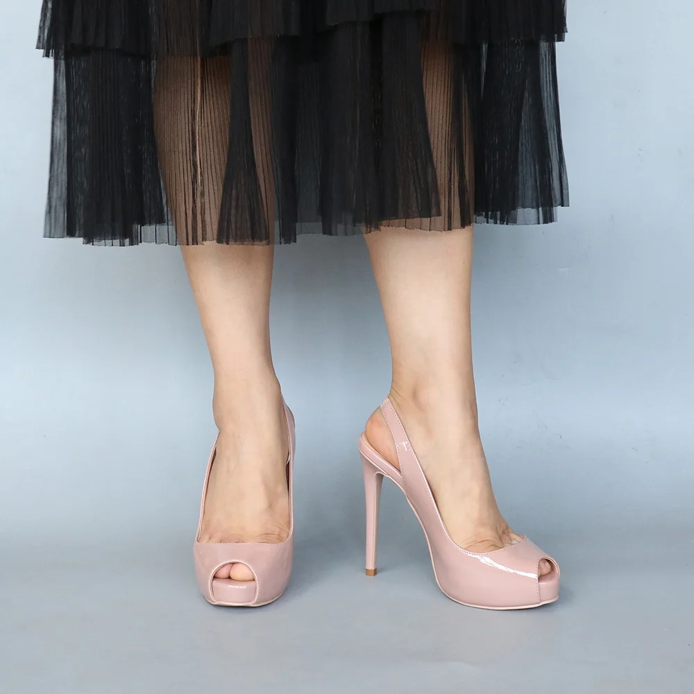 120mm Red Bottom Elastic Strap Slingback Sandals Peep Toe Platform Stilettos Nude Patent Heels-MERUMOTE