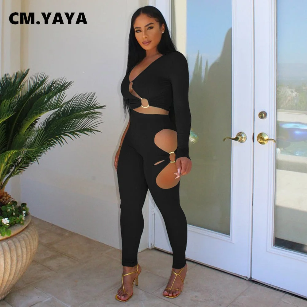 CM.YAYA Women Set Solid Crop Tops + Hollow Out Pencil Pants Two 2 Piece Sets Fashion Outfits Casual Tracksuit Sweatsuit Autumn