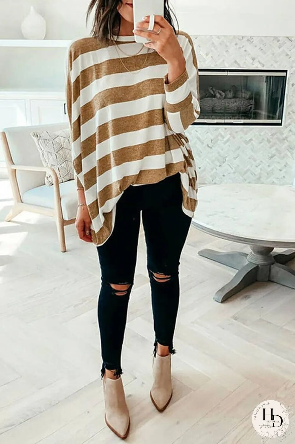 Stripe O Neck Bat Blouse