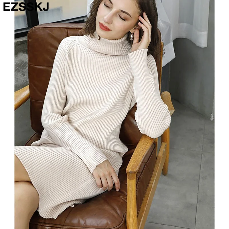 2021 Autumn Winter long thick Sweater Dress Women turtleneck long Sleeve straight maix Dress female girl warm long dress