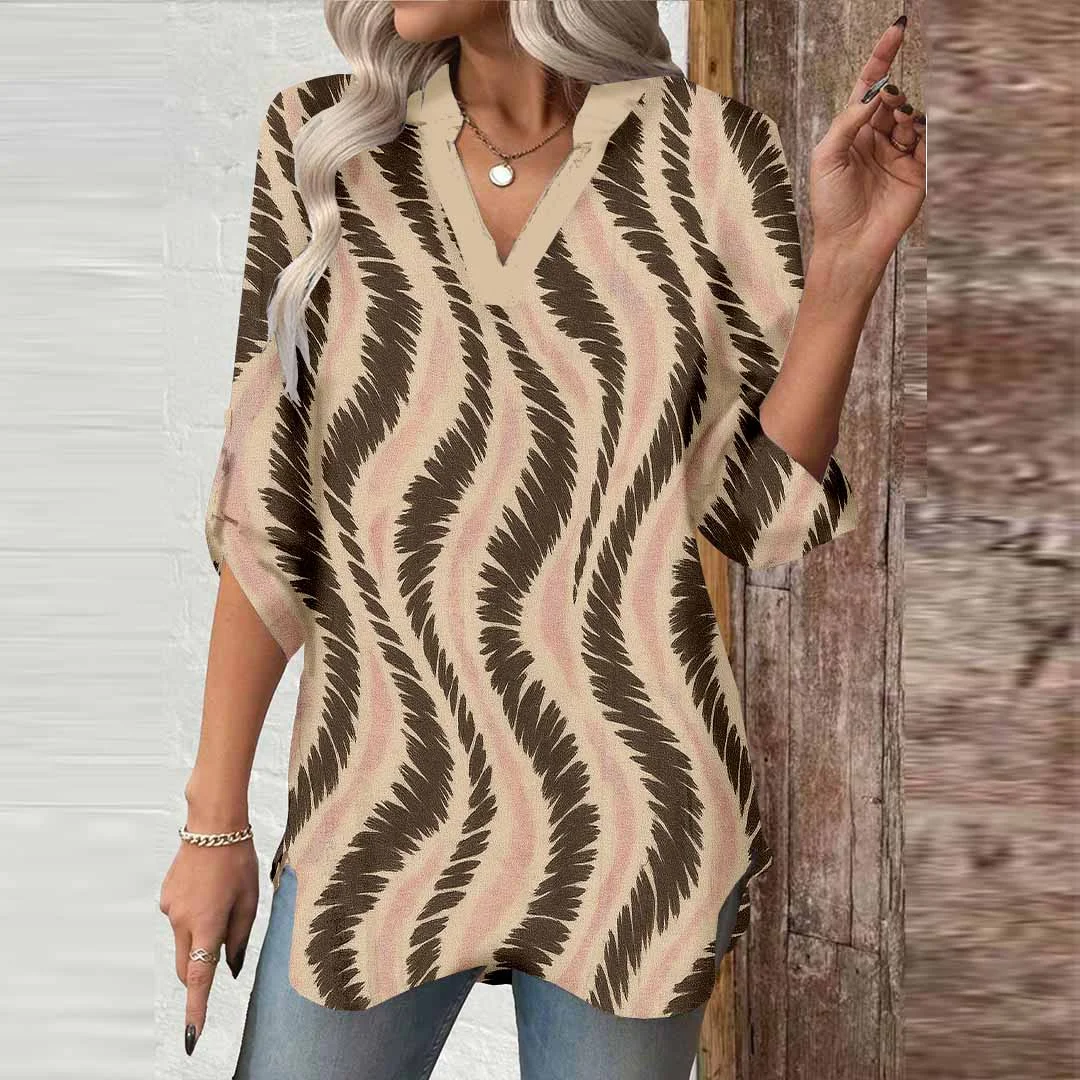 Women Textured, Black, Khaki DZGA0209 3/4 Sleeve V-neck Printed Graphic Button Tops