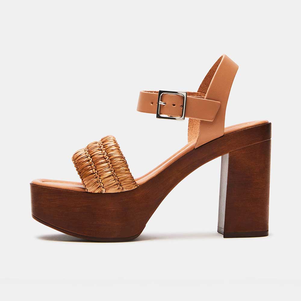 Brown Round Toe 4'' Chunky Heel Ankle Strap Platform Sandals Nicepairs