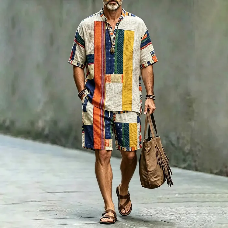 Men's Retro Geometric Color Block Art Print Short Sleeve Shirt And Shorts Two Piece Set