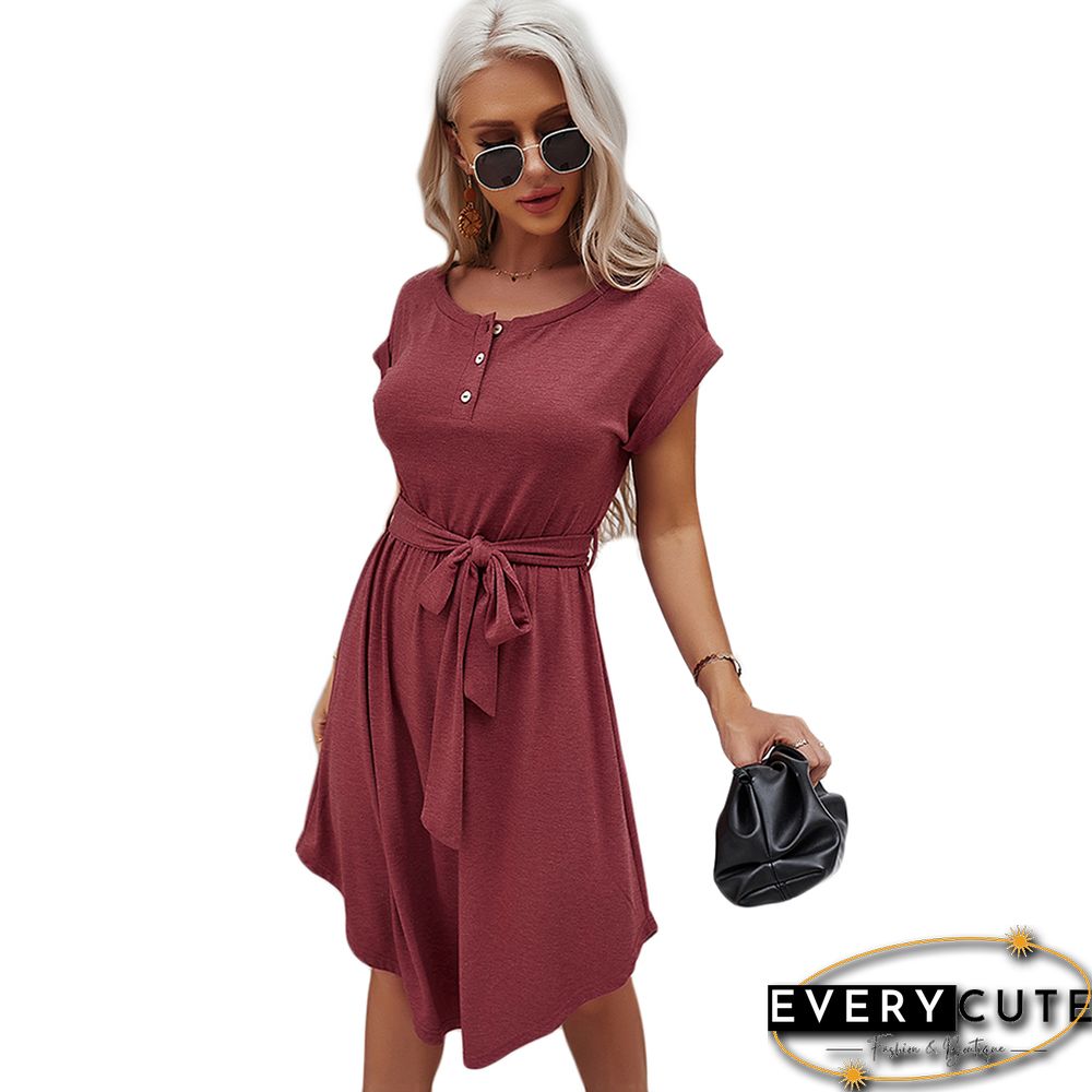Red Button Up Tie Waist Short Sleeve Knit Dress