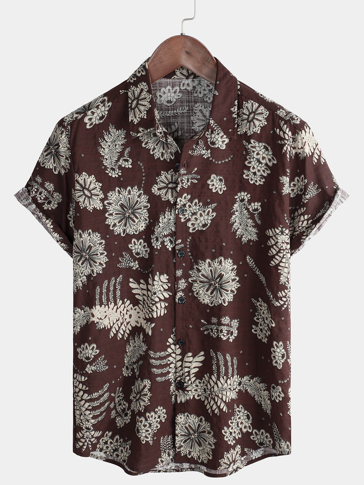 Men's Brown Floral Holiday Casual Beach Short Sleeve Button Up Shirt
