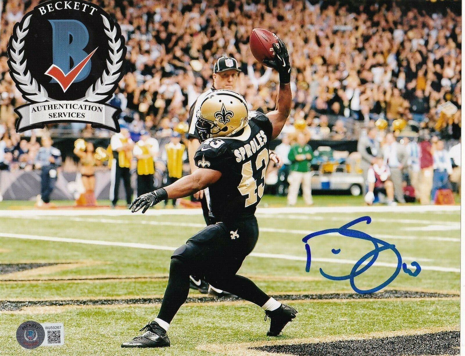 DARREN SPROLES NEW ORLEANS BECKETT AUTHENTICATED ACTION SIGNED 8x10